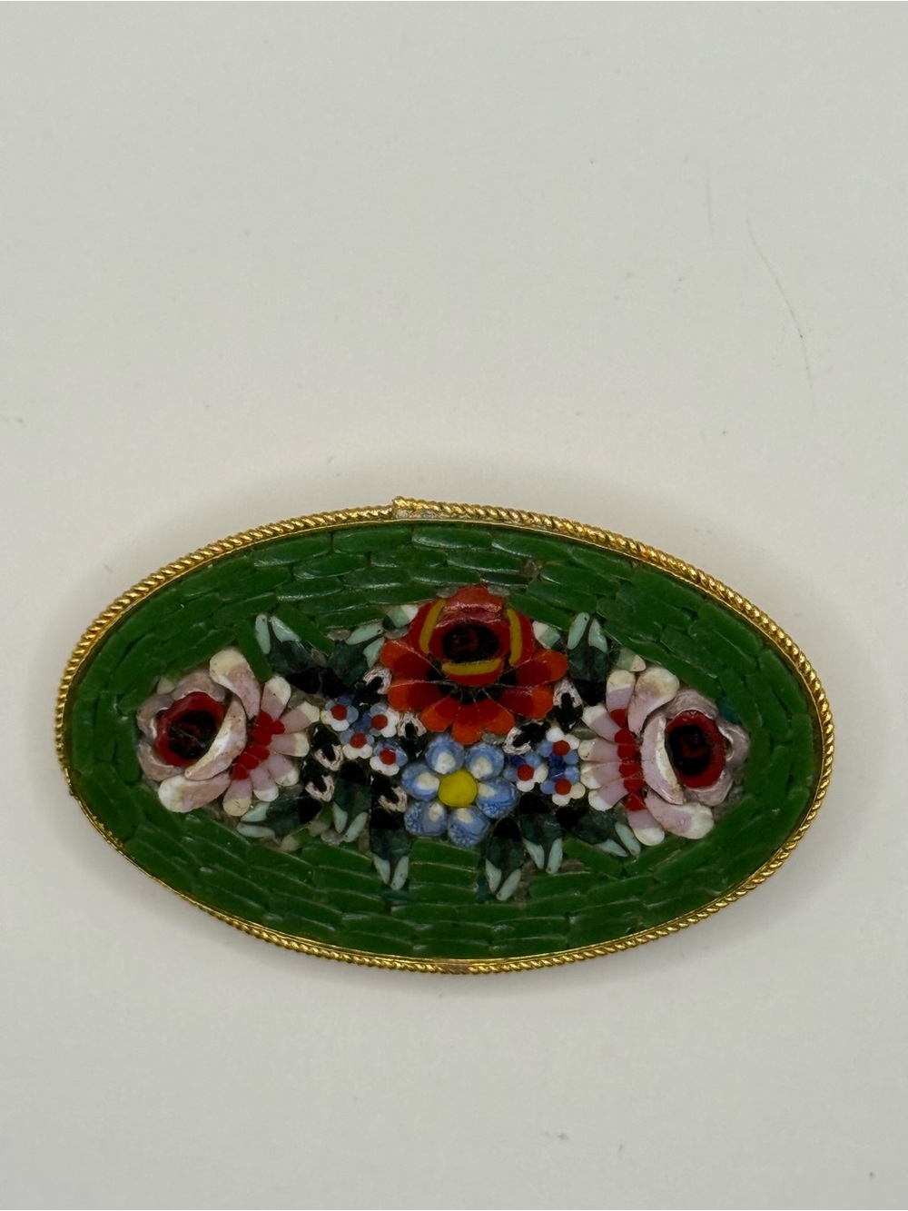 Vintage Green Floral Micro-Mosaic Oval Brooch MADE IN ITALY
